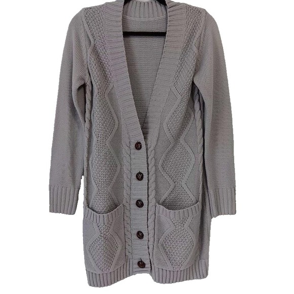 Cardigan Sweater Womens Small Gray Longline Cable Knit Button Front Pockets - Picture 1 of 9